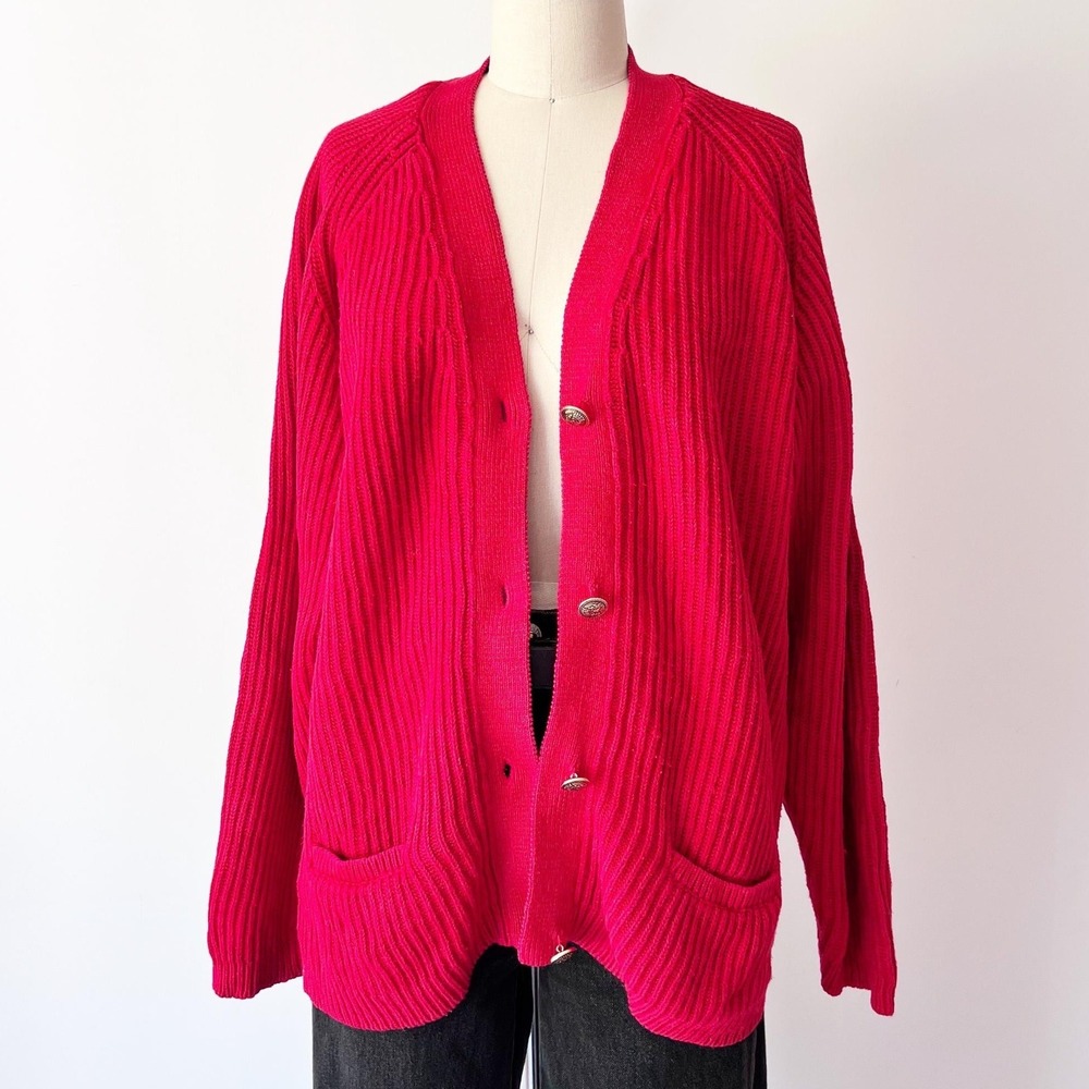 Vintage 80s 90s Cardigan Red Shaker Knit‎ Gold Crest Button Preppy Collegiate